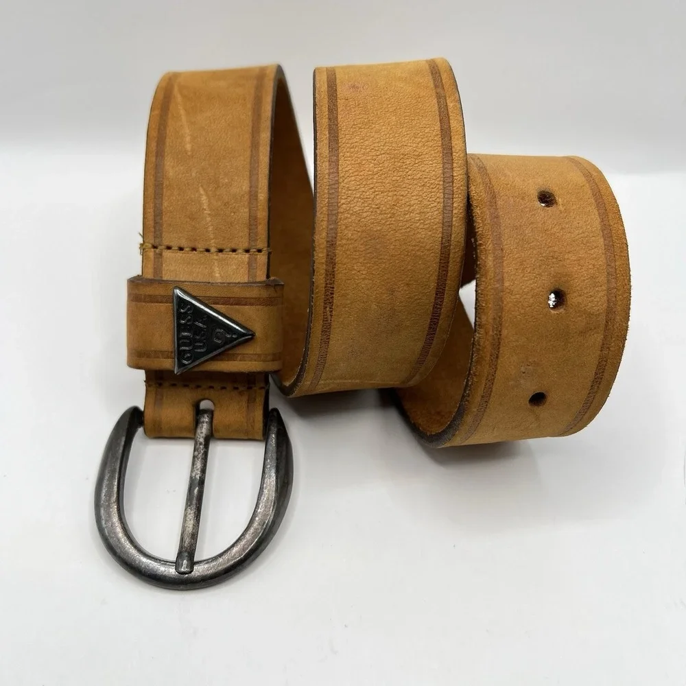 VTG USA Made Guess Distressed Leather Belt Triangle Metal Logo Small Tan/Brown